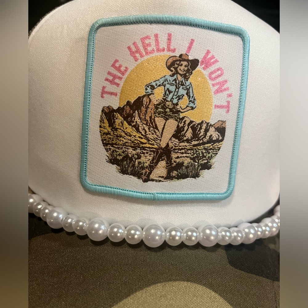 Camo Trucker Hat - “The Hell I Won't”Patch & Pearl Chain - Picture 6 of 6